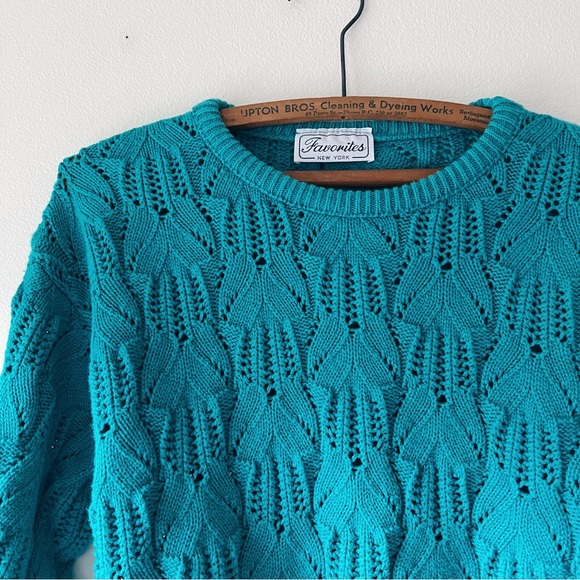 Womens vintage 80s/90s solid teal long sleeve textured‎ cotton sweater M - Picture 2 of 6